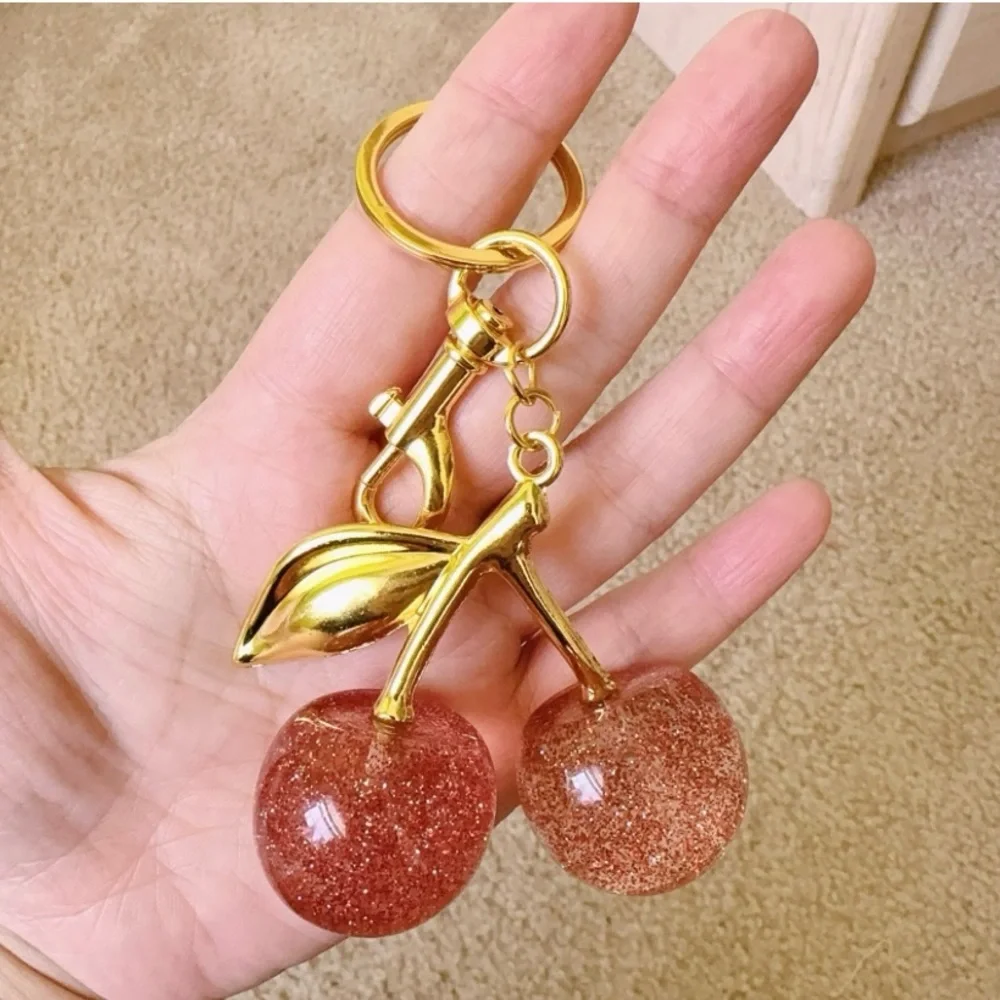 Gold Cherry Fruit Keychain Bag Charm Pendant with Pink Glitter Cherries Bling - Picture 3 of 12